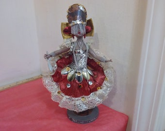 Vintage Plastic Belly Dancer Doll, Handmade Red Dress with Lace and Gold Bow in Hair and Scimitar in Hand Belly Dancer Doll from Brazil