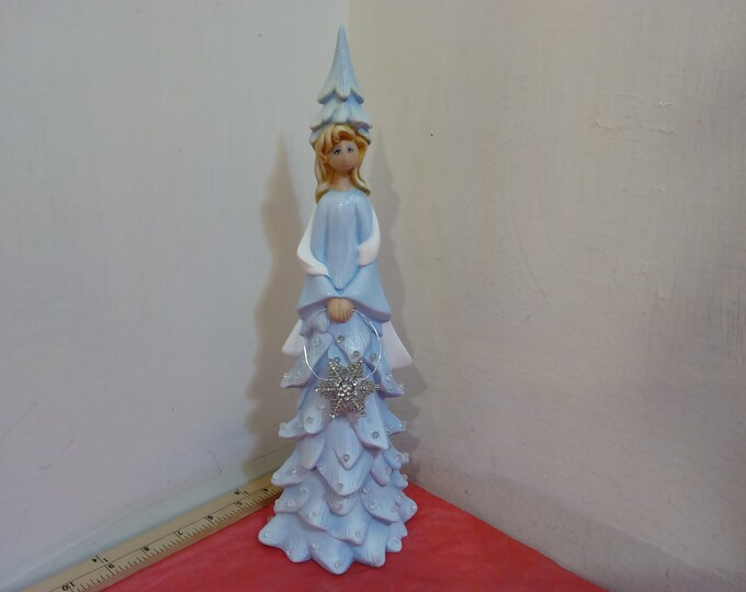 Vintage Ceramic Christmas Decor, Hand Painted Ceramic Christmas Decor "Blue Snow Girl Holding Star", 1990's