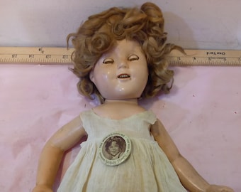 Vintage Composition/Celluloid Doll, World's Darling Shirley Temple Doll with Pin Back Button by Ideal, 1930's#