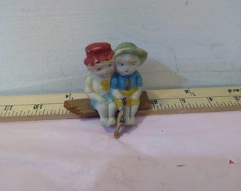 Vintage Ceramic/Porcelain/Wood Figurine, Boy and Girl Fishing Shelf Edge Sitter, Made in Occupied Japan, 1950's