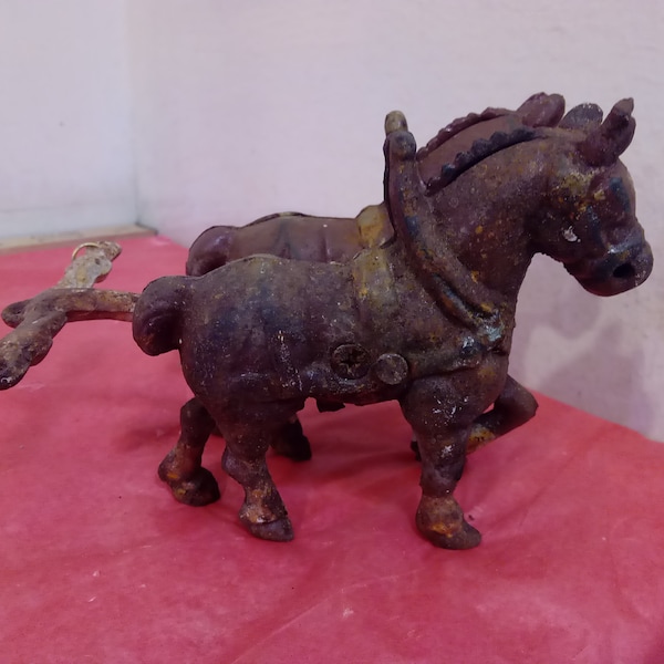 Vintage Cast Iron Toys, Horses with Yokes, Ice Wagon, Horses with Wheels for Carriage, and Cannon