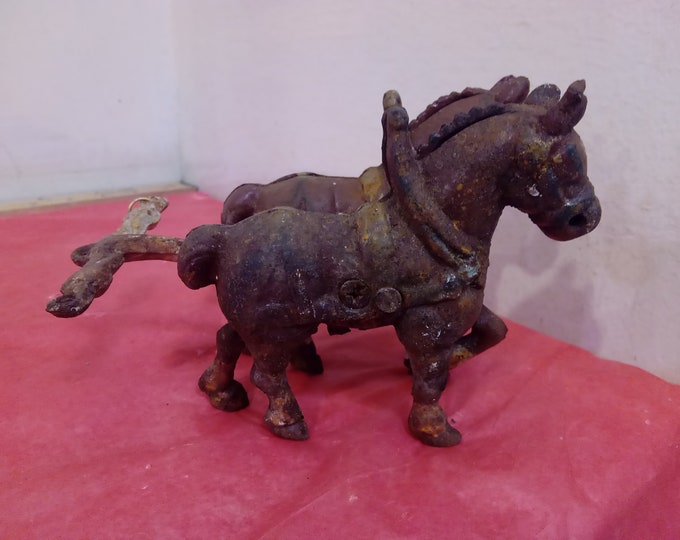 Vintage Cast Iron Toys, Horses with Yokes, Ice Wagon, Horses with Wheels for Carriage, and Cannon