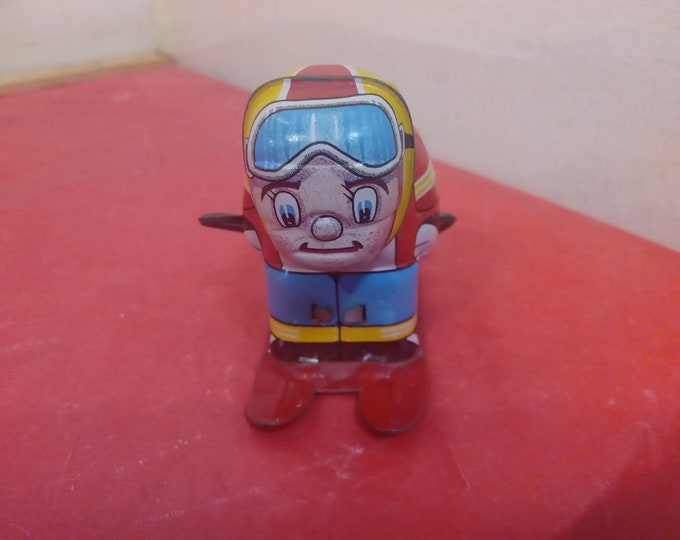 Vintage Tin Wind-up Toy, Tin Lithographic Skier #7 by Hiro, Made in Japan, Wind-up by Ski Poles