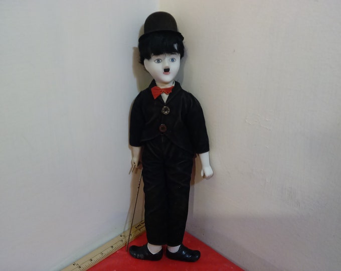Vintage Porcelain Doll, Charlie Chaplin Porcelain Doll with Metal Cane, 1980's