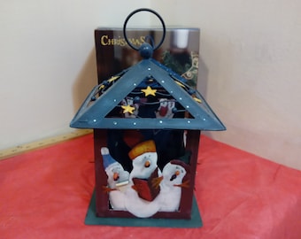 Vintage Christmas Decor, Snowman Trio Lantern, Sitting or Hanging Lantern by New Creative, 2001
