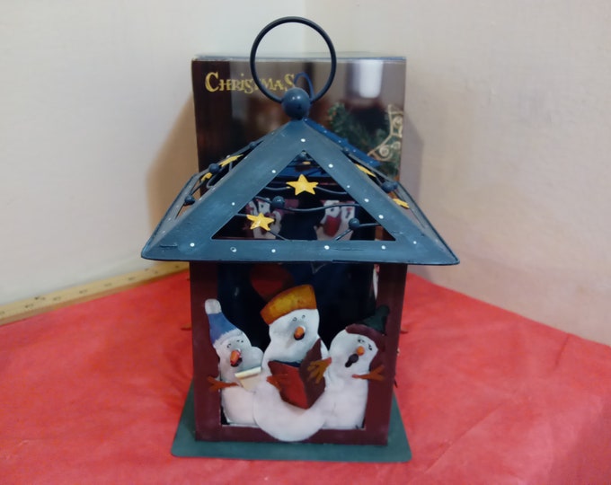 Vintage Christmas Decor, Snowman Trio Lantern, Sitting or Hanging Lantern by New Creative, 2001