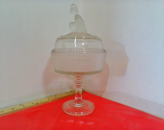 Vintage Glass Candy Dish, EAPG Compote Pedestal "Pioneer Westward HO" by Gillinder & Sons, 1930's