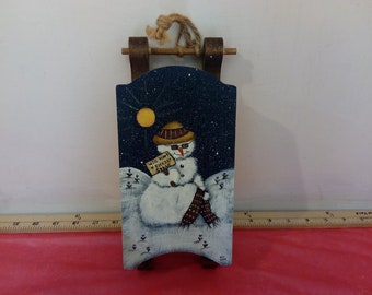 Vintage Christmas Decor, Sled with Hand Painted Snowman with Sign Saying "Will Work for Freezer Space" 1980's