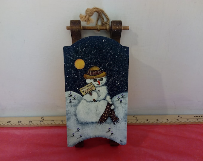 Vintage Christmas Decor, Sled with Hand Painted Snowman with Sign Saying "Will Work for Freezer Space" 1980's