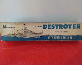 Vintage Model Kit Box, Monogram Balsam Wood Model Kit Box, U.S. Navy "Destroyer or L.S.T. 608", 1940's#