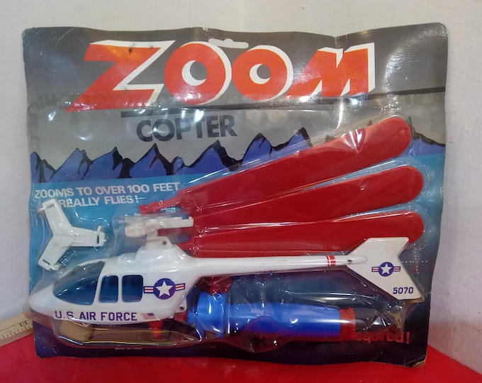 Vintage Flying Toy, Zoom Copter, Air Force or Army in Original Packaging, 1980's