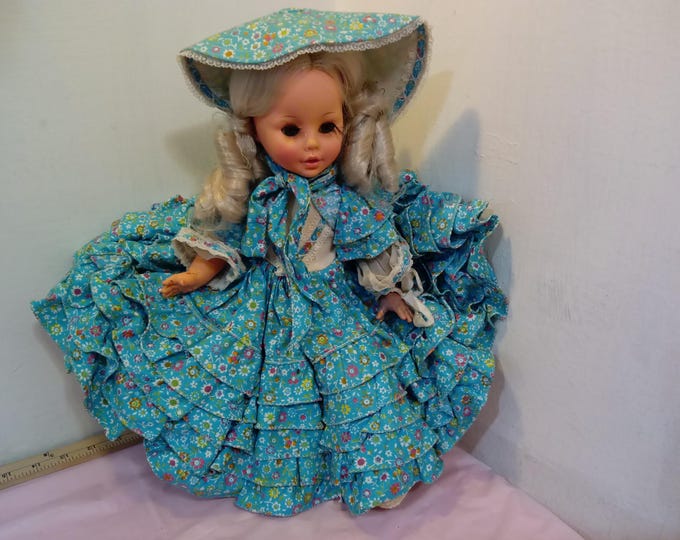 Vintage Doll, Furga Doll Large, Crying Doll with Eyes That Open and Shut, Blue Dress with Flowers and Hat, 1970's