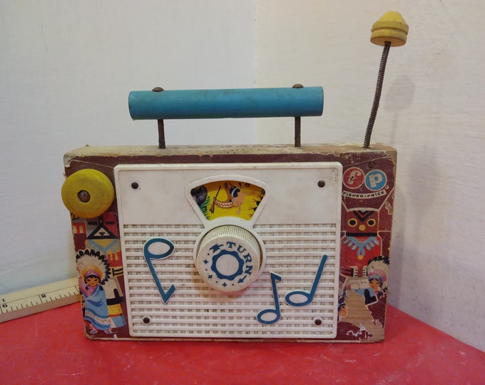 Vintage Children's Music Box, Fisher Price Tv-Radio Music Box with Blue Wooden Handle and Indian Graphics #159, 1962