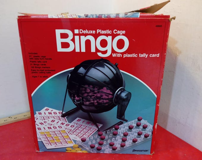 Vintage Bingo Game, Bingo Deluxe with Plastic Cage and Tally Card #6665 by Pressman, 1981