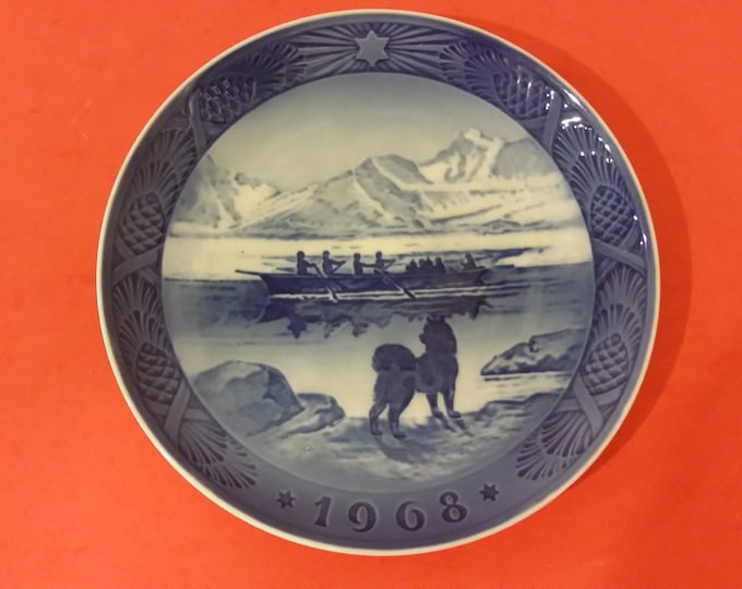 Vintage Signed Kai Lange Plate, Royal Copenhagen Denmark Delft Blue Plate, The Last Umiak, 1968