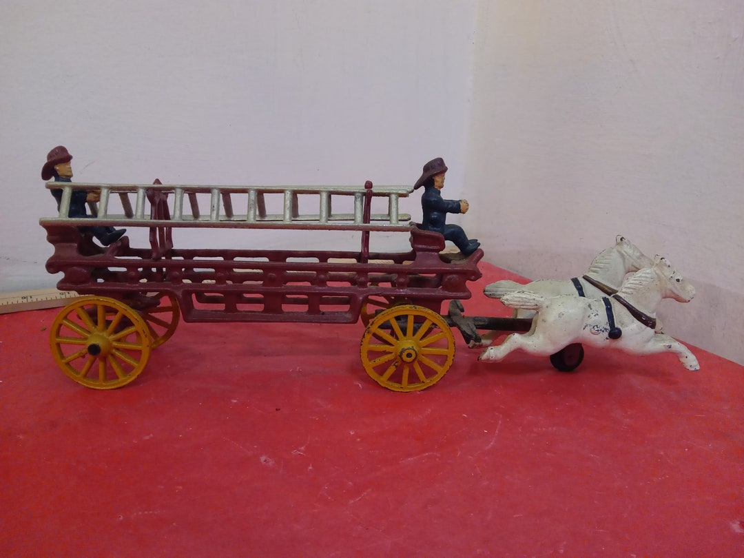 Vintage Cast Iron Fire Wagon With Ladders, Two Horse/two Rider Fire