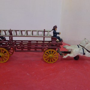 Vintage Cast Iron Fire Wagon with Ladders, Two Horse/Two Rider Fire Wagon with Two Ladders