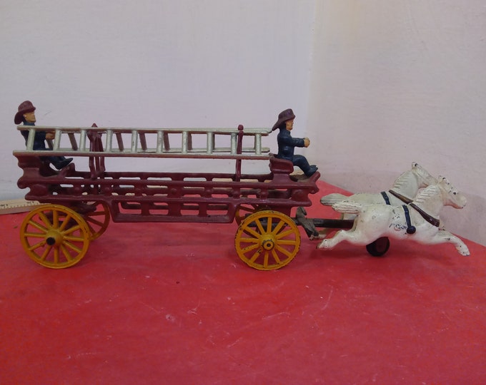 Vintage Cast Iron Fire Wagon with Ladders, Two Horse/Two Rider Fire Wagon with Two Ladders