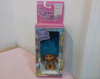Vintage Dolls, Plastic Troll Dolls, Treasure Troll with Teal Hair Color and Wishstone by Ace Novelty or Troll Doll w/ Neon Green Hair, 1990