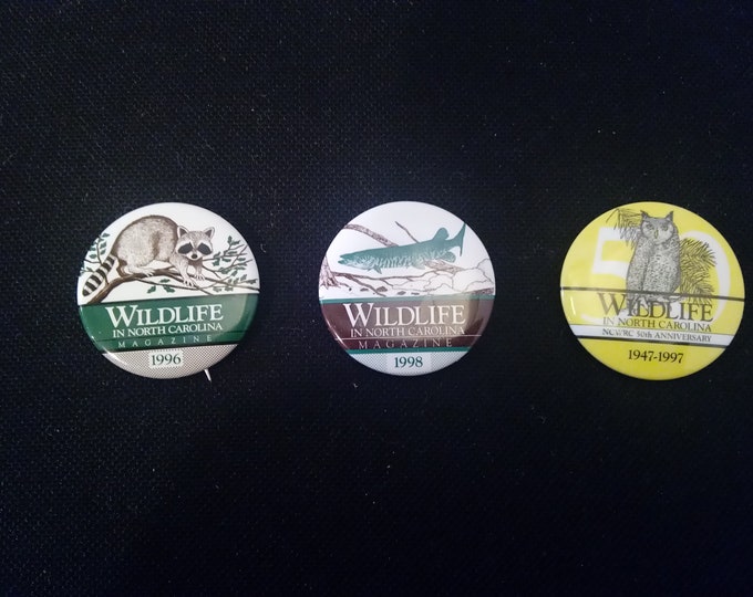 Vintage Pinback Pins, Wildlife in North Carolina, Raccoon, Owl, and Trout, #P
