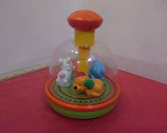 Vintage Baby/Toddler Toy, Push Down Spinner Bell Toy, Rabbit, Dog, and Cat
