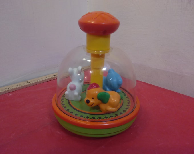 Vintage Baby/Toddler Toy, Push Down Spinner Bell Toy, Rabbit, Dog, and Cat