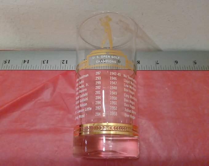Vintage Collector Glass, U.S. Open Golf Champions Drinking Glass, Gold and White, 1950's#