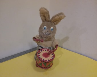 Vintage Wind-up Toy, Animated Wind-Up Rabbit Playing Drum, 1950's