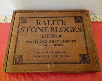 Antique Stone Building Block Toy, Ralite Stone Blocks Set No. 2 by Ralo Toy Company, Worchester Mass. USA, 1900's#