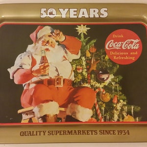 Vintage Coca Cola Tray, Big Bear Grocery Stores & Santa Metal Tray Celebrating 50 Years, 1984#