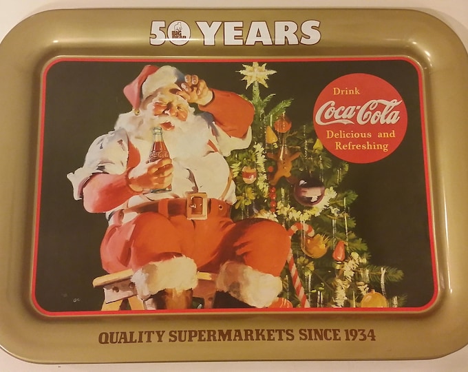 Vintage Coca Cola Tray, Big Bear Grocery Stores & Santa Metal Tray Celebrating 50 Years, 1984#