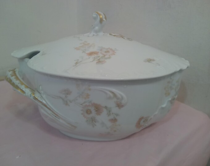 Vintage Serving Dish, Haviland & Co. Limoges Serving Tureen with Lid, Missing Ladle, Peach Colored Floral Design#