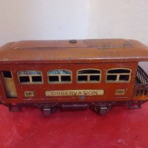 Vintage Toy Train, Lionel Train Tin 530 Observation Car Orange, O Gauge Passenger Car, 1929