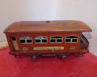 Vintage Toy Train, Lionel Train Tin 530 Observation Car Orange, O Gauge Passenger Car, 1929