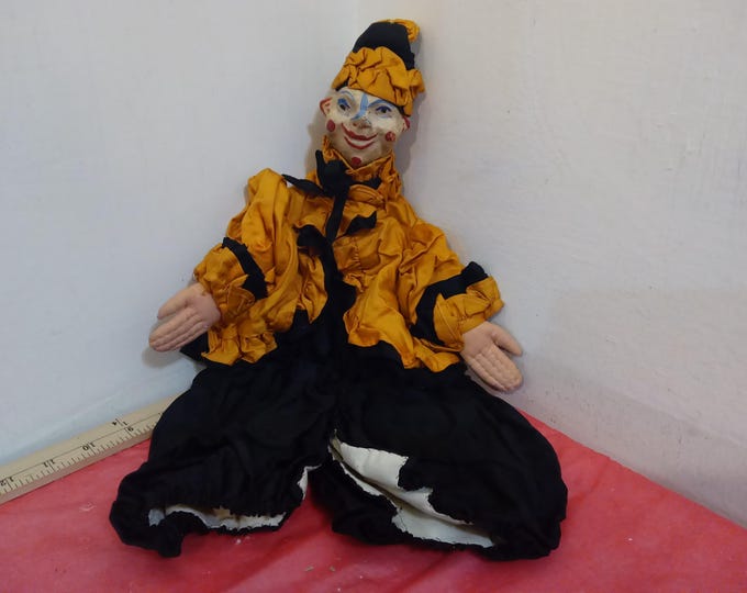 Vintage Hand Puppet, Clown Black and Gold Paper Mache Head, Hand Painted and Hand Made Puppet, 1940's
