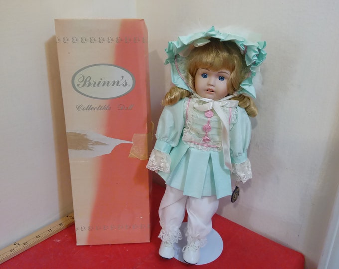 Vintage Porcelain Doll, Brinn's Collectible Doll, Light Green Dress with Ribbons and Doll Stand, 1990's