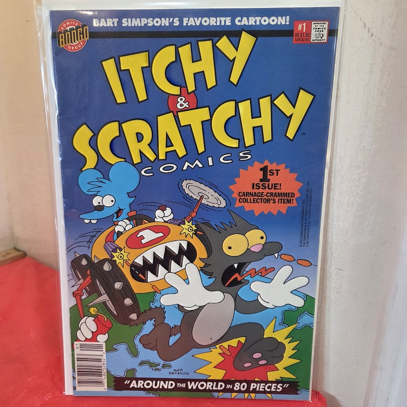 May include: A comic book titled Itchy & Scratchy Comics #1, featuring a blue mouse driving a yellow race car and a black cat running across a map. The cover includes the text Bart Simpson's Favorite Cartoon, 1st Issue, and Around the World in 80 Pieces.