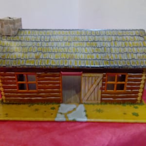 Domek dla lalek/zestaw do zabawy z metalu/blachy w stylu vintage, domek dla lalek w stylu western, domek z bali z kominem Domek dla lalek/zestaw do zabawy firmy Marx