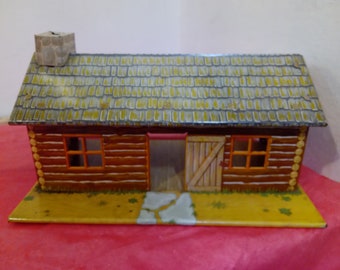 Vintage Metal/Tin Dollhouse/Playset, Western Dollhouse, Log House with Chimney Dollhouse/Playset by Marx