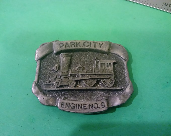 Vintage Men's Belt Buckle, Pewter Park City Locomotive Engine no. 9 by Michael Ricker, 1984