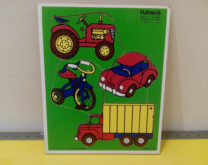 Vintage Tray Puzzle, Things with Wheels 4 pc by Playskool, 1982
