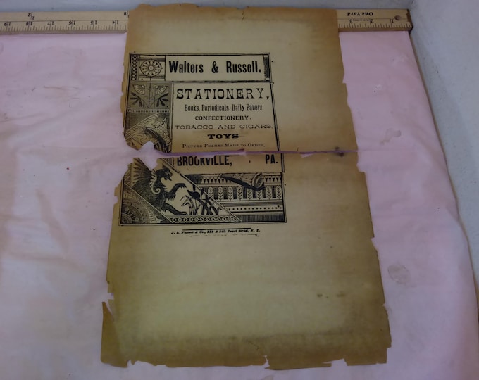 Vintage Advertisement Paper, Walters & Russel Brooksville, PA Store, Stationary, Books, Candy, Tobacco and Toys Ad