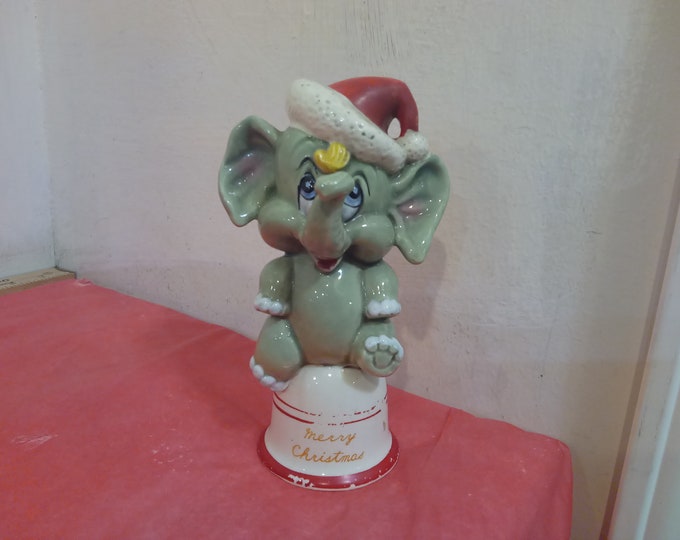 Vintage Christmas Decor, Christmas Bell "Elephant with Santa Hat on Bell", 1950's