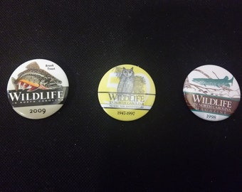 Vintage Pinback Pins, Wildlife in North Carolina, Brook Trout, Owl, and Muske, #P