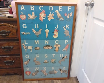 Vintage Sign Language Chart, Framed Sign Language Chart with Letters and Animals for Children by Gallaudet Pre-School, 1973