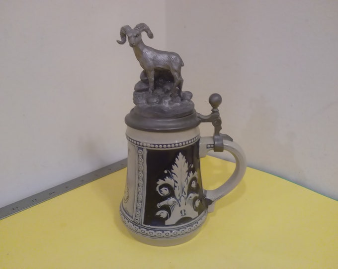 Vintage Gertiz German Beer Stein, Michael Ricker "A Rams Climb" Sculpture Pewter Lid, 1984