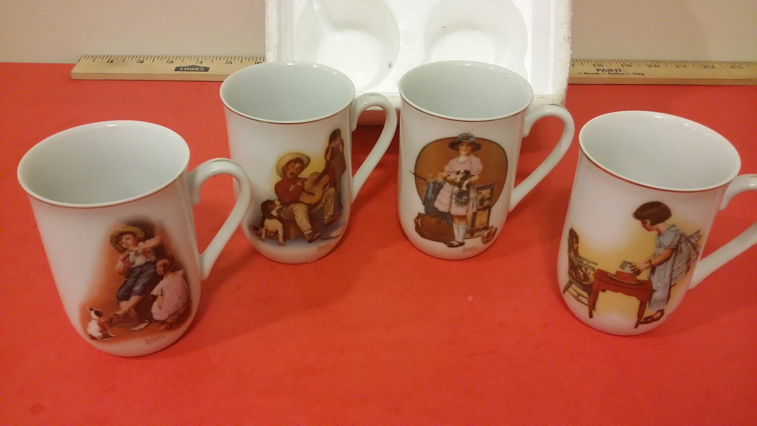 Norman Rockwell Four Coffee Cups with his Historical Art Displays, H.M.I.,  1981