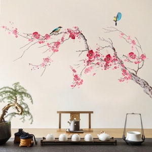 Branch Bird Wall Sticker, Peach Blossom Tree Decal, Peach Blossom Wall Sticker, Colorful Living Room Bedroom Decoration G232