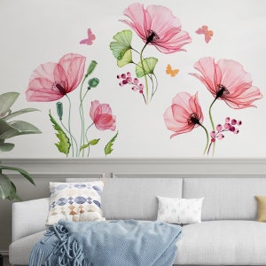 Pink flower wall sticker flower plant wall decal watercolor  flower sticker waterproof bathroom decoration living room bedroom decal G846