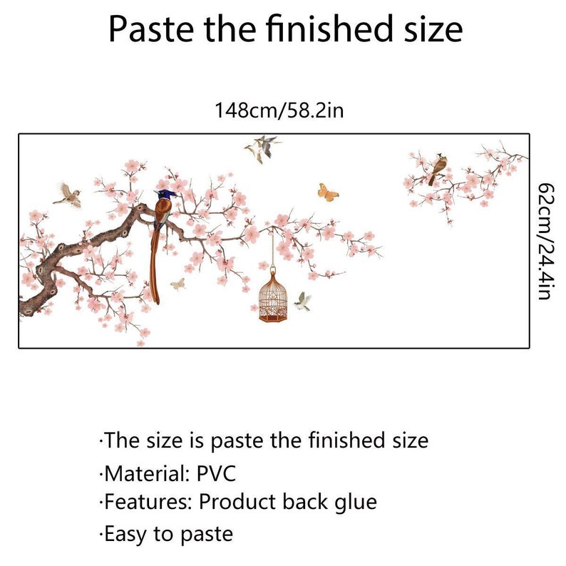 Branch Bird Wall Sticker Flower Wall Stickerspeach Blossom Etsy